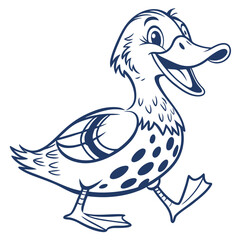 Outlined cartoon duck cheerfully strides with dotted body, radiating whimsical happiness in motion