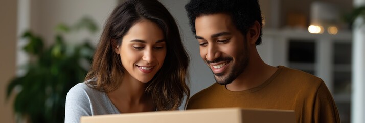 Young adult couple unboxing package at home with happiness