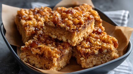 A tempting stack of crunchy caramel bars in a dark bowl, perfect for a sweet treat. Indulge in the delicious layers of textures and flavors!