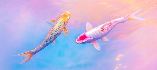 Fototapeta premium Two koi fish gracefully swimming in pastel-colored water.