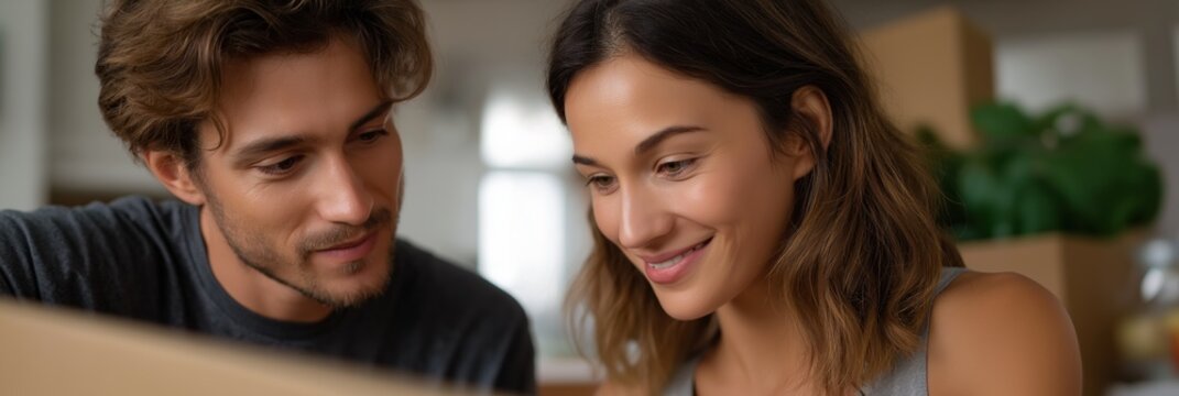 Young caucasian couple smiling and unpacking in new home setting