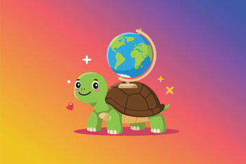 Turtle with World Shell Cartoon Vector Icon Illustration	
