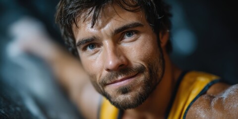 A focused athlete with intense eyes and a slight smile, wearing a yellow sports outfit, reaching out during a challenging activity.