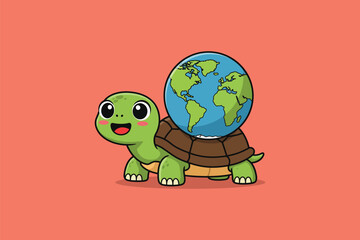 Turtle with World Shell Cartoon Vector Icon Illustration	