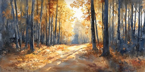Obraz premium Captivating painting of a path through a forest bathed in golden morning light and warm tones