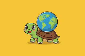 Turtle with World Shell Cartoon Vector Icon Illustration	
