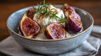 Fresh figs and creamy cheese are served in an earthy bowl and garnished with rosemary on rustic wood, an elegant and delicious treat.
