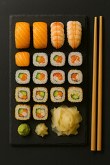 Assorted sushi platter with nigiri and maki rolls