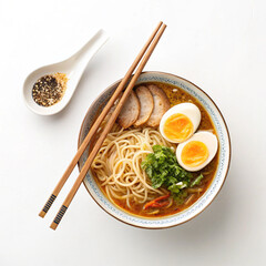 Delicious ramen noodle soup with pork and soft boiled eggs