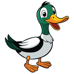 Cartoon mallard duck with open beak stands, showcasing bright feathers and orange feet
