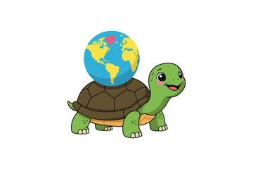 Turtle with World Shell Cartoon Vector Icon Illustration	