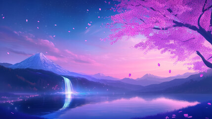 cartoon art 3D mountain,waterfall,sakura,river,at night illustration background --ar 16:9 --raw --profile ynktqqk crqntrg --v 6.1 
