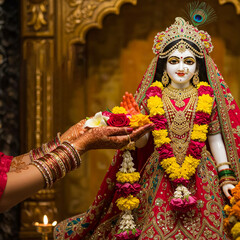Obraz premium Radha Krishna Deity Worship Offering Flowers