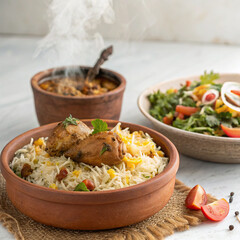 Steaming chicken biryani with side salad and stew