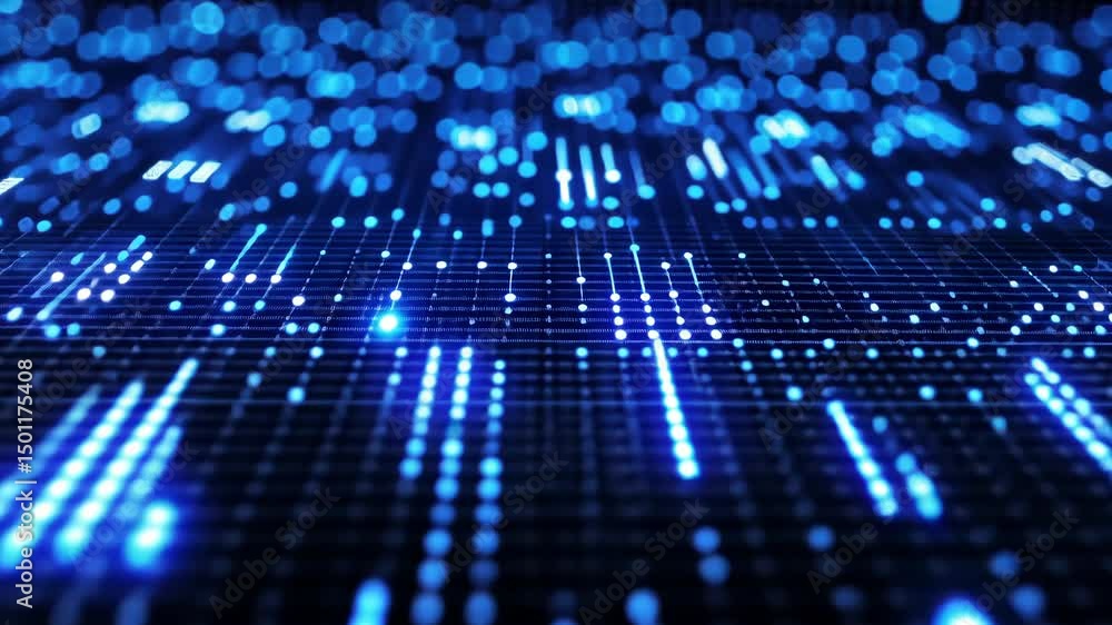 Aufkleber microchip design with blue light emanating from it on a grid of small dots.