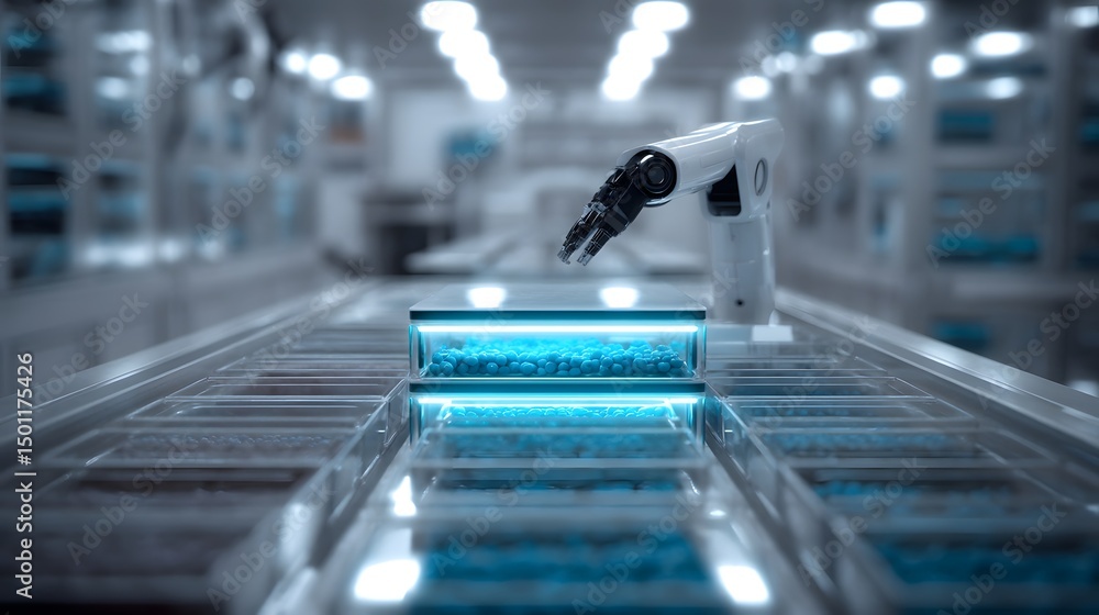Poster futuristic robot sorting medication trays in a sterile setting