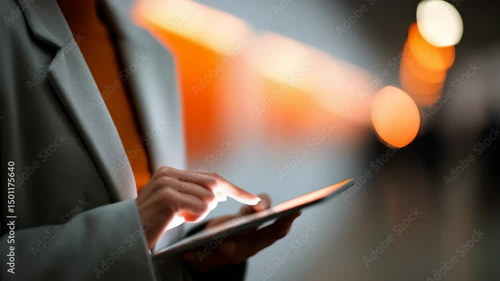 Poster a person interacts with a tablet in a contemporary setting at night, surrounded by soft bokeh lights