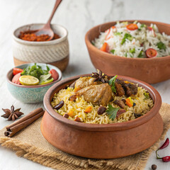 Delicious mutton biryani with side salads and spices