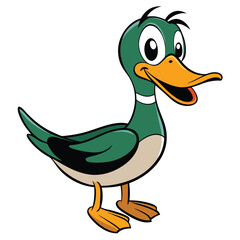 Cartoonstyled mallard duck with green feathers and an orange beak stands smiling