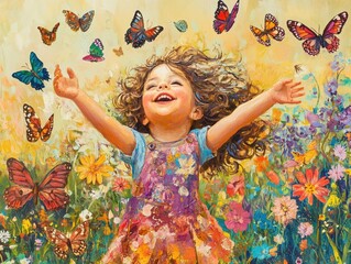 Magical painting of curly-haired girl chasing butterflies in blooming garden. Perfect for children’s books, educational projects, nature blogs, and child development. Perfect for children’s books