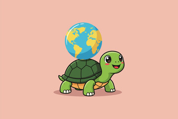 Turtle with World Shell Cartoon Vector Icon Illustration	