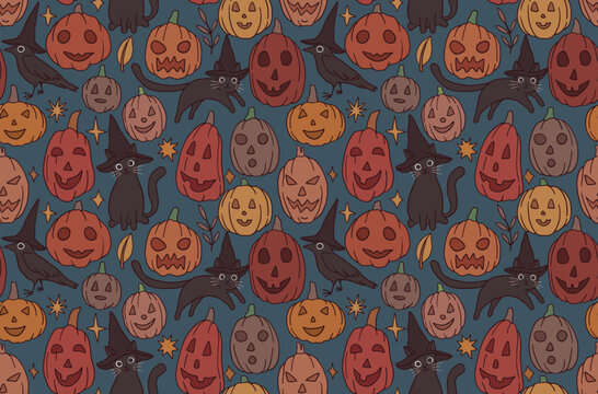 Seamless Halloween Pattern with Pumpkins and animals, witchu mystic art, crepy and cute	