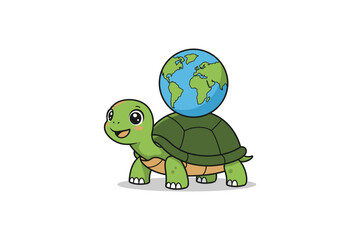 Turtle with World Shell Cartoon Vector Icon Illustration	