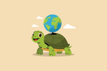 Turtle with World Shell Cartoon Vector Icon Illustration	