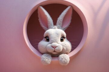 Fluffy white Easter bunny popping out from circular pink hole, pastel backdrop, charming look, spring-themed composition