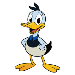 Fototapeta premium Cheerful cartoon duck is standing with his hands on his hips and smiling