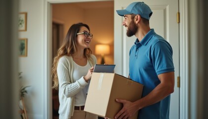 Delivery person handing over a package to a smiling woman