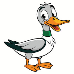Friendly duck cartoon character stands looking slightly surprised with its mouth open cheerfully
