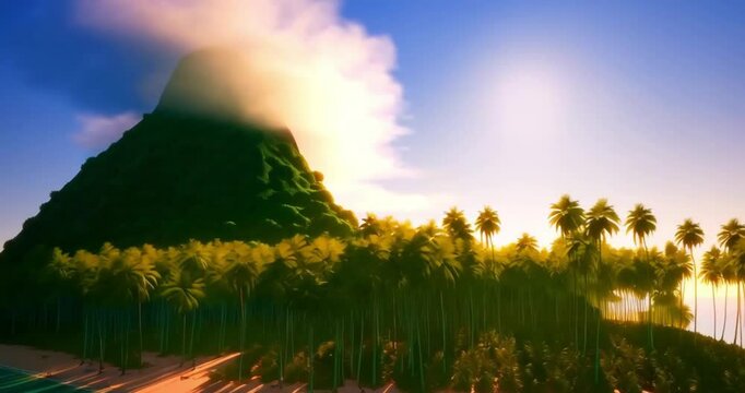 tropical island,lush green vegetation,mountain peak shrouded in mist,palm trees,pathway leading through tall grass,vibrant sunset sky,dreamlike atmospheric lighting,detailed landscape,cinematic compos