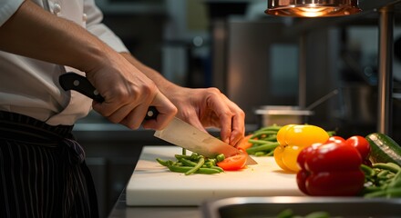 Chef skillfully cuts fresh vegetables in a bright kitchen setting