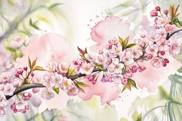 Delicate cherry blossoms in soft pink and white on a branch, accented by green leaves, with an abstract pastel pink and green background.