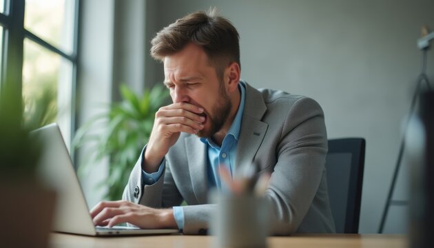 Stressed businessman yawning while working on a laptop