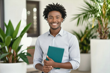 A young Black man with a natural afro smiles confidently while holding a green folder in a bright, modern interior setting.