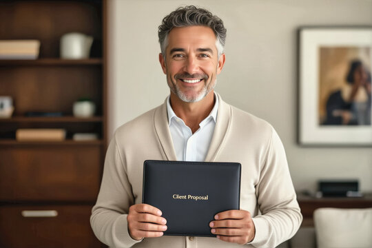 A smiling, mature man in a light sweater and shirt holds a black tablet displaying Client Proposal in a modern, well-lit interior.
