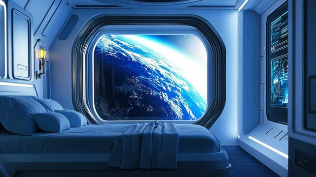 The room is designed for space explorers, featuring a digital window that offers an astronaut's view of the Earth from orbit.