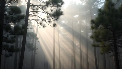 Mystical Morning Light in a Foggy Pine Woodland
