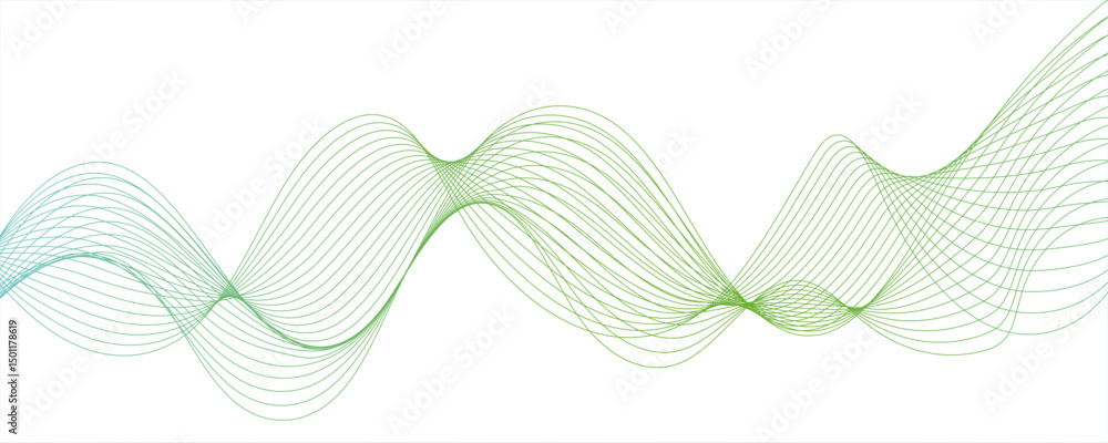 Poster abstract wavy white and green curved lines on transparent background. frequency sound wave lines and