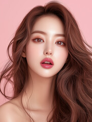 Fototapeta premium Captivating Korean beauty with long wavy hair and radiant makeup against a pastel pink background