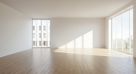 Fototapeta premium Sunlit Empty Room with Hardwood Floors and City View