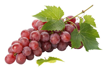 Fototapeta premium Premium Plump Juicy Red Grapes Cluster with Fresh Green Leaves on White Background for Fruit Photography, Organic Vineyard Produce, Healthy Snack Ingredient, Natural Food Concept Stock Image