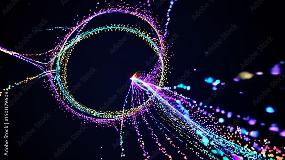 Aufkleber colorful particles are flowing and forming a spiral against a black background, creating a visually 