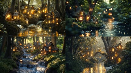 Obraz premium Four vignettes of a miniature, glowing, fairytale village nestled within a lush, mystical forest, with streams and waterfalls
