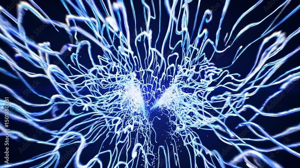 Poster bright blue and white strings expanding and swirling against a dark space background, creating a mes