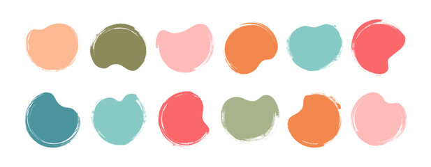 Brush paint shape, organic crayon stain, child irregular blob chalk texture, colorful pastel round form, rough spot hand drawn, charcoal doodle text box icon isolated on white bg. Vector illustration