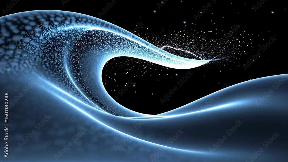 Poster abstract blue particles are flowing and forming a glowing wave, creating a futuristic and elegant de