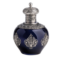 A small ornate medieval perfume bottle made of dark blue glass on isolated transparent background